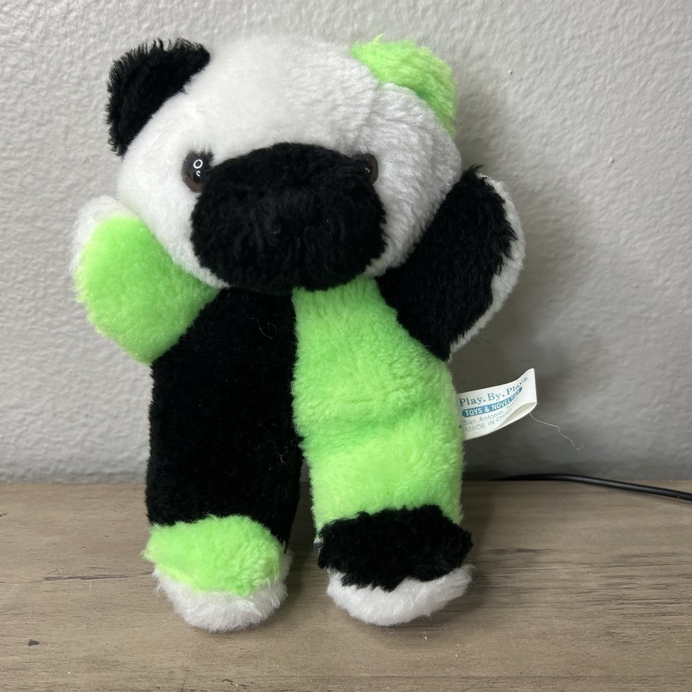 Play By Play Plush 7" Black, Bright Green And White Stuffed Bear CLEAN